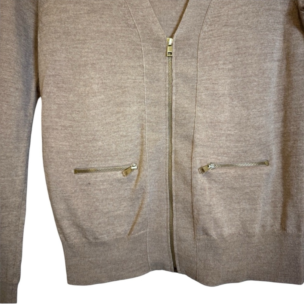 Ann Taylor Long Sleeve Beige Sweater w/ Gold Zip Up and Pocket Details 100% Wool - Picture 6 of 16